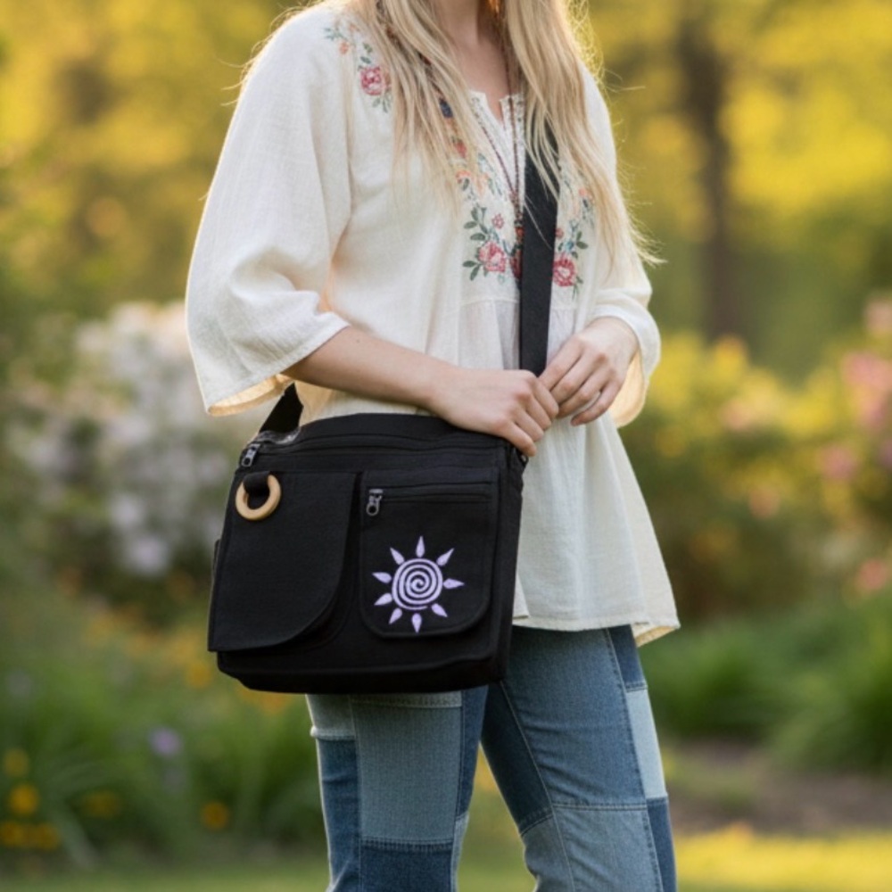 Elegant Black Crossbody Bag with Spiral Accent , Handmade Ethically Crafted Bag